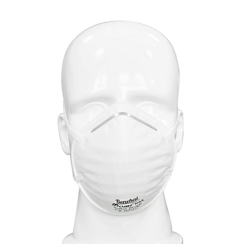 White Benehal 6115L respirator front view on mannequin