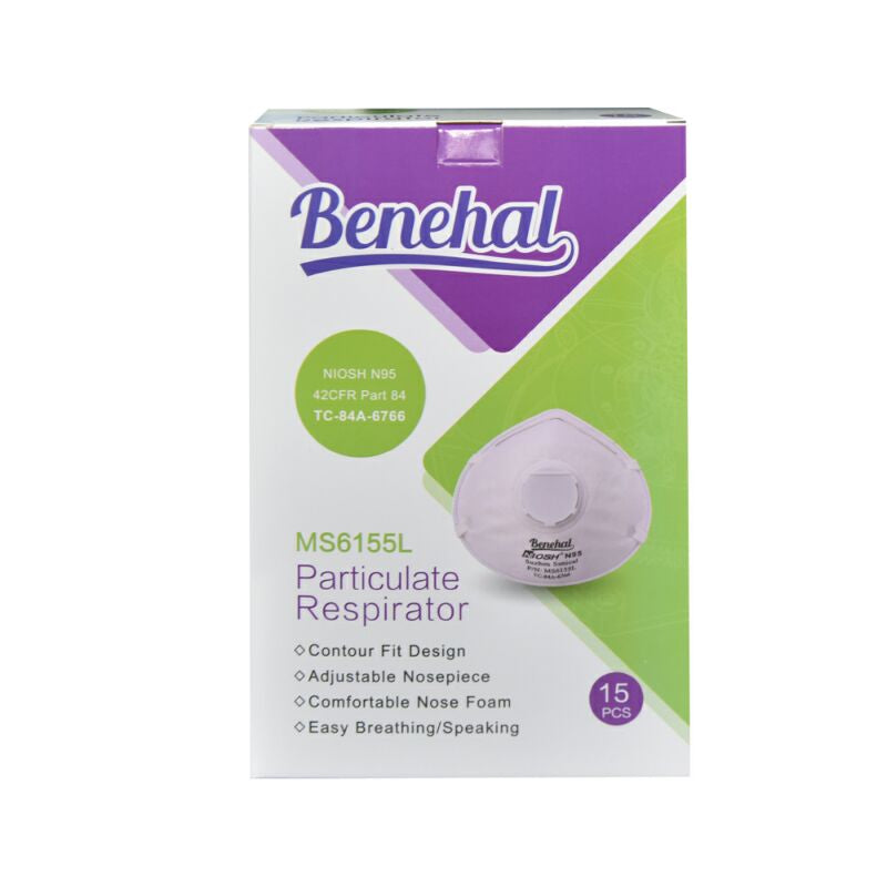 White Benehal 6155L respirator front view with white, green and purple box
