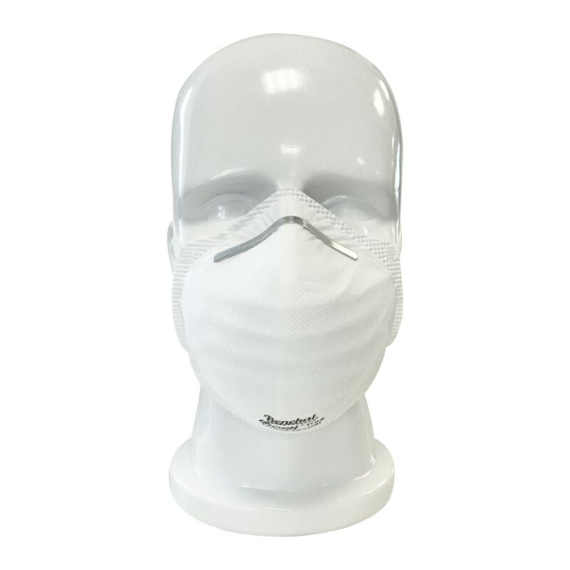 White Benehal 6215 respirator front view on white mannequin