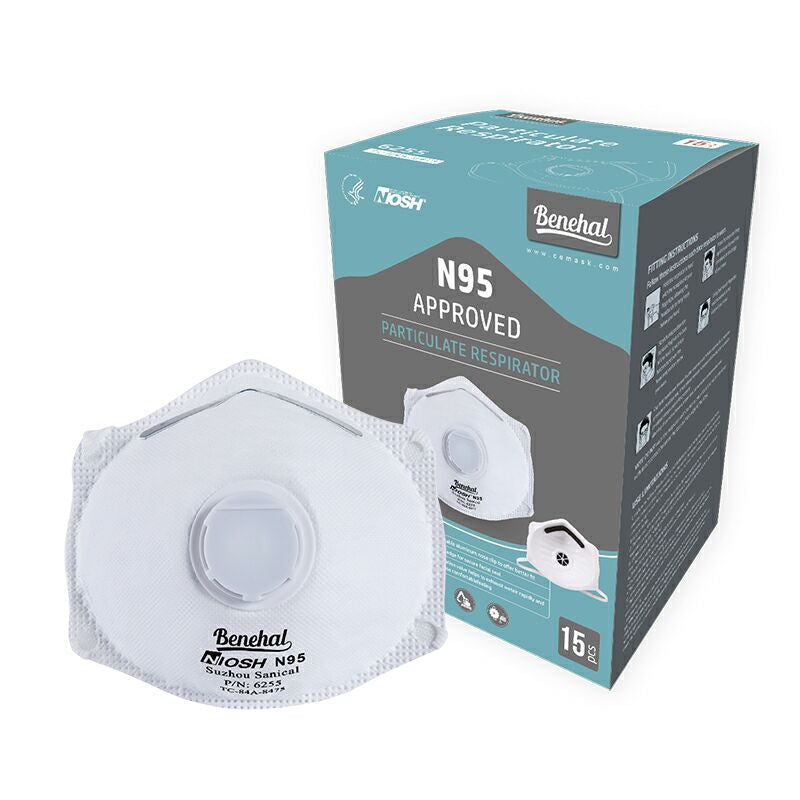 White Benehal 6255 respirator front view with teal and black box