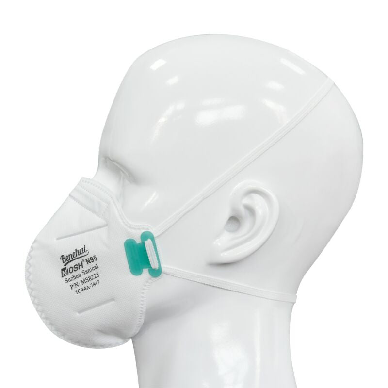 White NIOSH N95 mask on mannequin left sideview