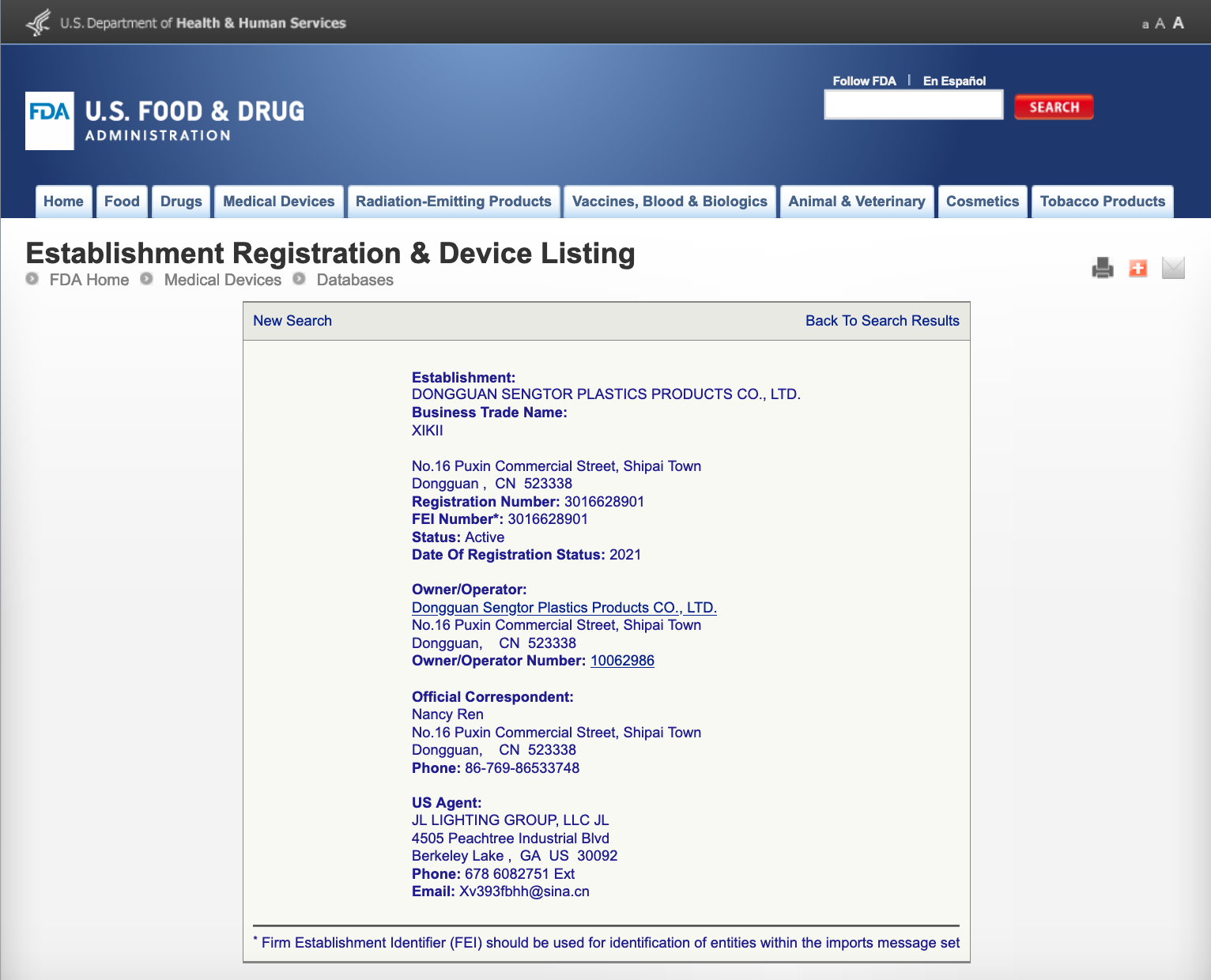 FDA registration for Dongguan Sengtor Plastics Products Co., Ltd.