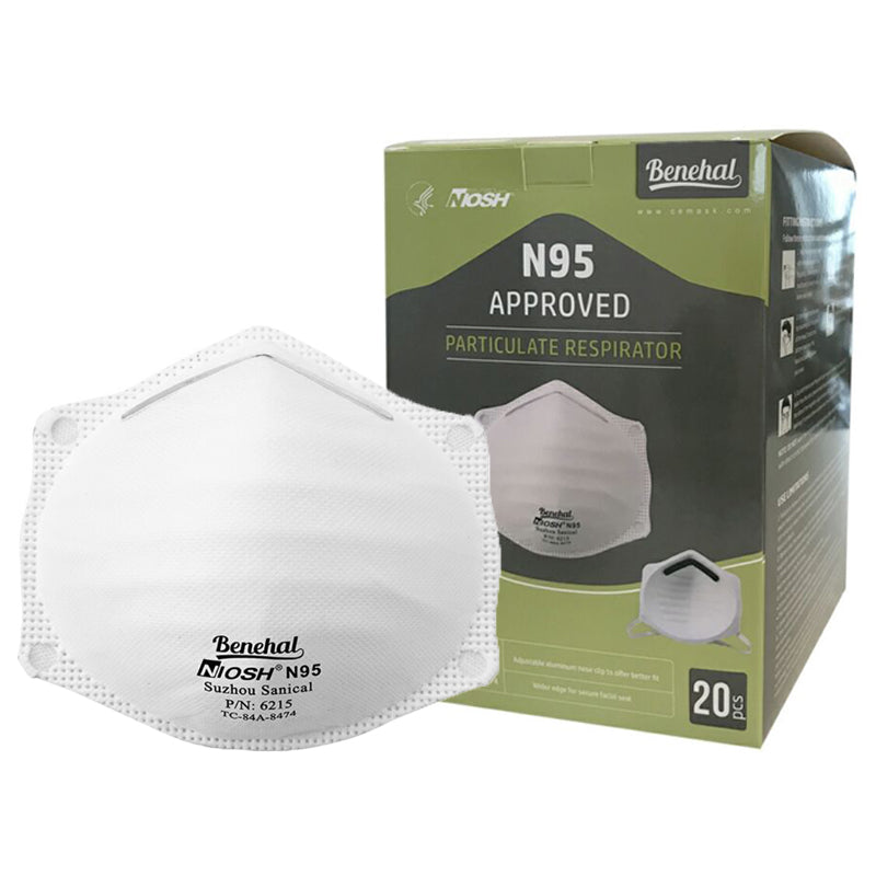 White Benehal 6215 respirator front view with green and black box