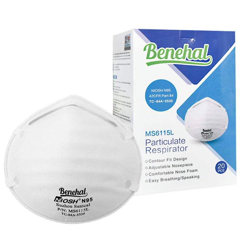 White Benehal 6115L respirator front view with blue and white box