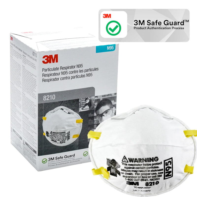 White 3M 8210 respirator with White 3M 8210 box