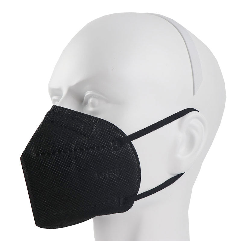 Black KN95 mask left side on white mannequin
